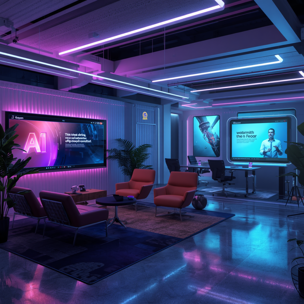 futuristic marketing office with ai screens and neon lighting